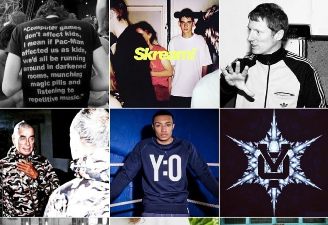 A grid of six archive photos and graphics