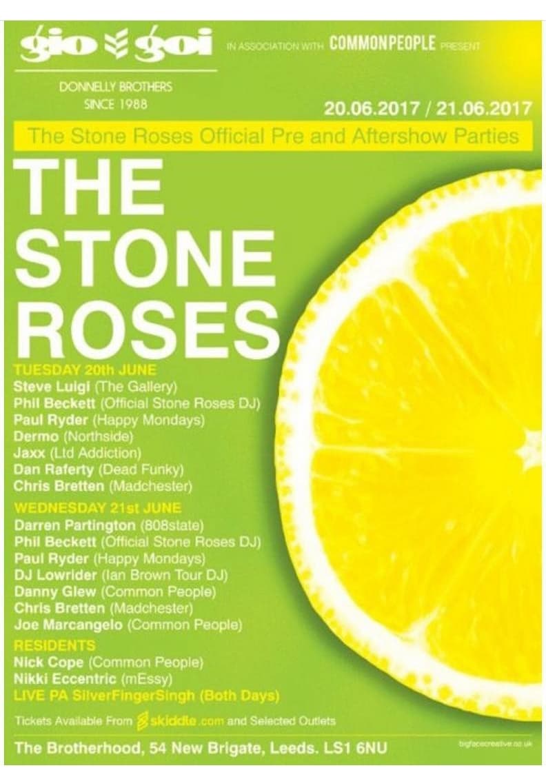 giogoi flyer for The Stone Roses official pre and aftershow parties, June 2017