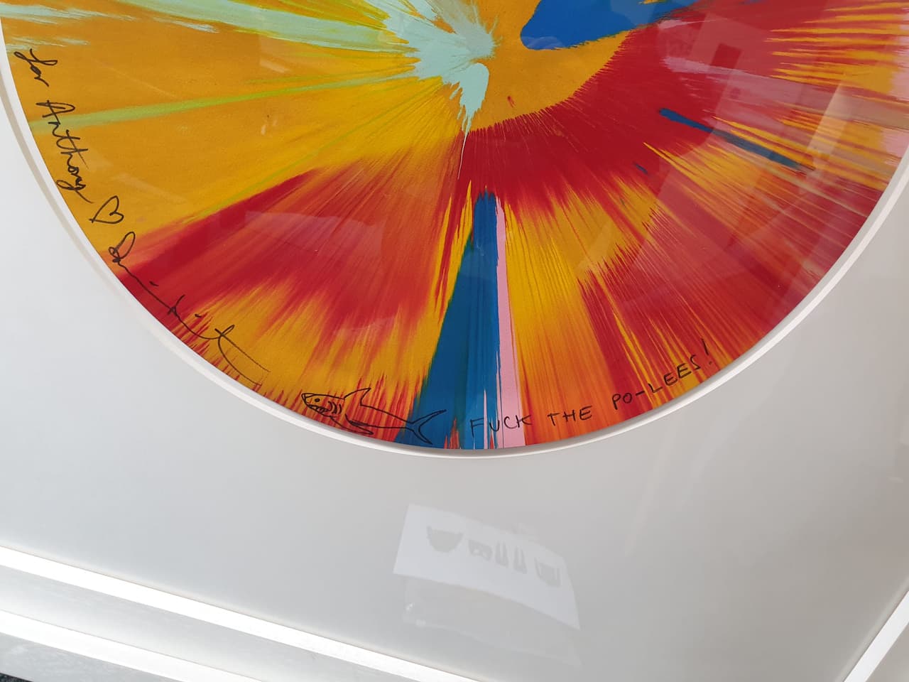 Close-up of the spin painting's handwritten dedication to Anthony